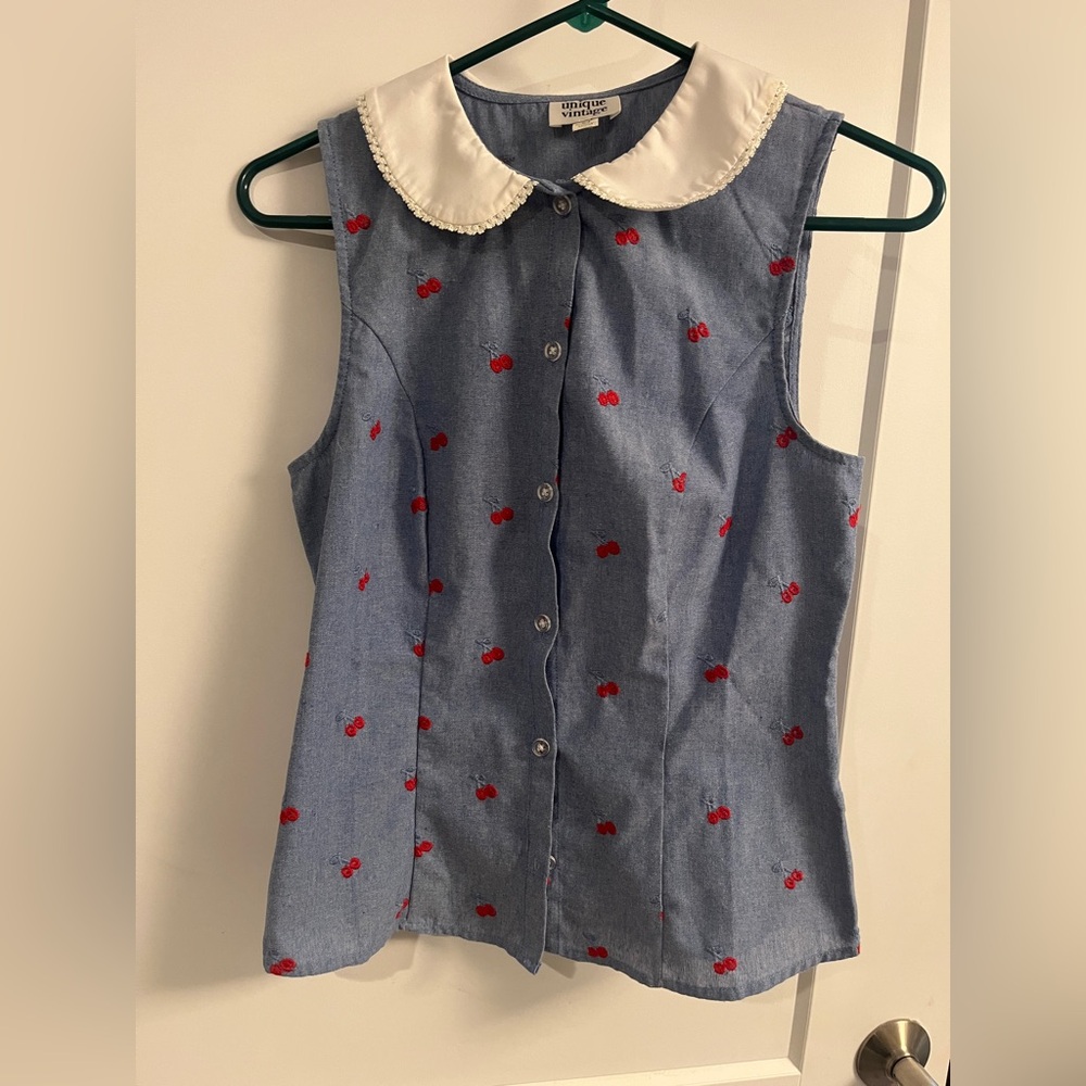 Unique Vintage denim Blouse with Red Cherry Design